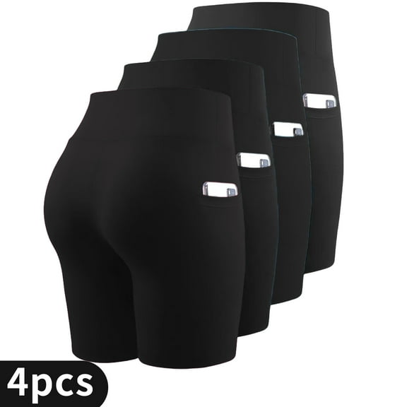 4-pack Black Solid Women's Yoga Shorts, Comfortable and Breathable, Sporty and Simple, Summer Sports Fitness Shorts