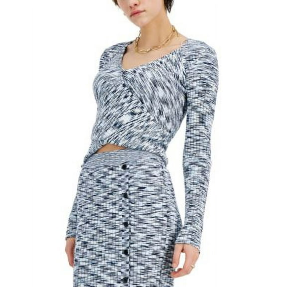 Inc International Concepts Marled Cropped Surplice Sweater Mar Space Dye Indigo S