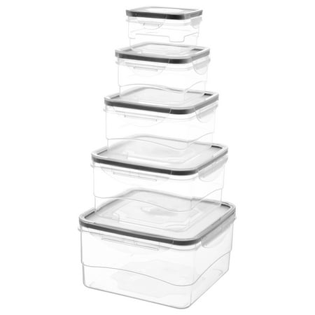 Edge Airtight Nested Plastic Food Storage Containers Lunch Box and Storing, with Lids and Vent, 10 Piece Square, Black