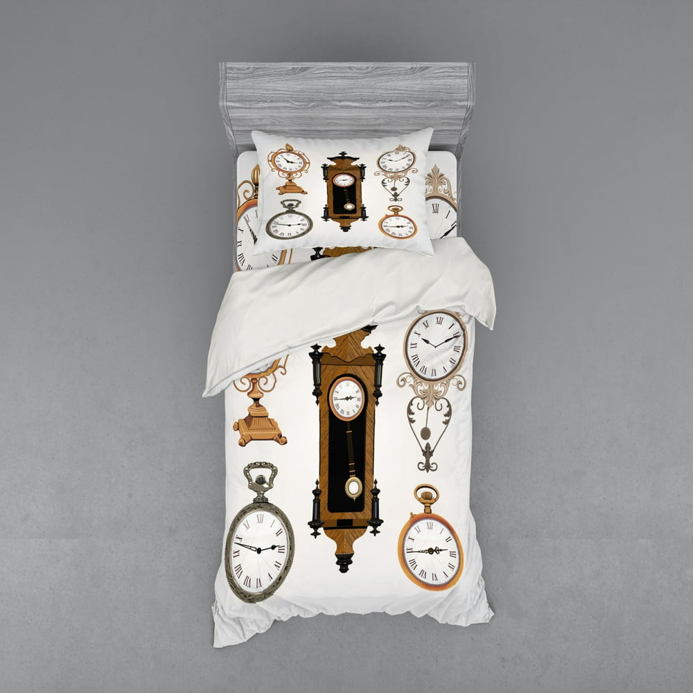 Clock Duvet Cover Set, Vintage Styled Clocks Arrangement Old Fashioned