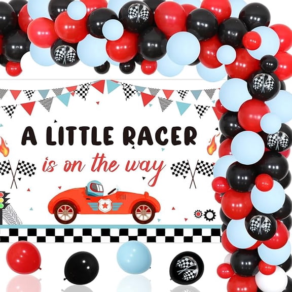Race Car Baby Shower Decorations, A Little Racer is on the Way Backdrop Red Black Balloon Garland Arch Kit with Flag Print Latex Balloon for Vintage Let’s Go Racing Party Supplies