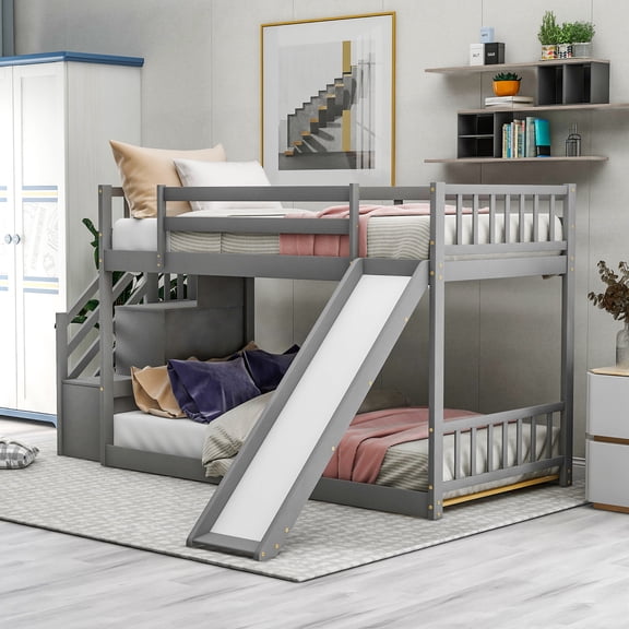 Twin Size Bunk Beds Bed Frames Twin over Twin Bunk Bed with Convertible Slide and Stairway, Gray,Adjustable Bed Base
