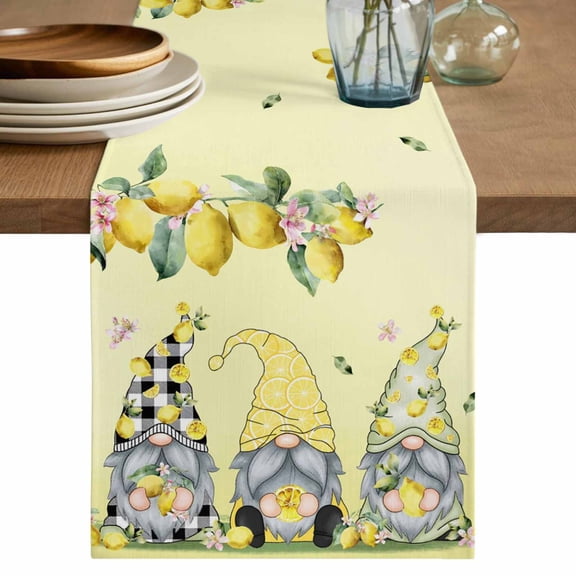 Table Runner 72 Inches Long for Kitchen Dining, Yellow Lemon Gnomes Dresser Scarf Farmhouse, Dining Table Decorations for Wedding/Parties, Vintage Fruits Leaves Country Rustic 14 x 72 In