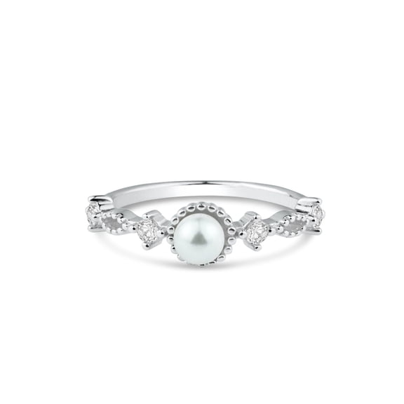 Rhodium Plated 925 Sterling Silver Simulated Pearl Clear CZ Ring Band White Female Size 8