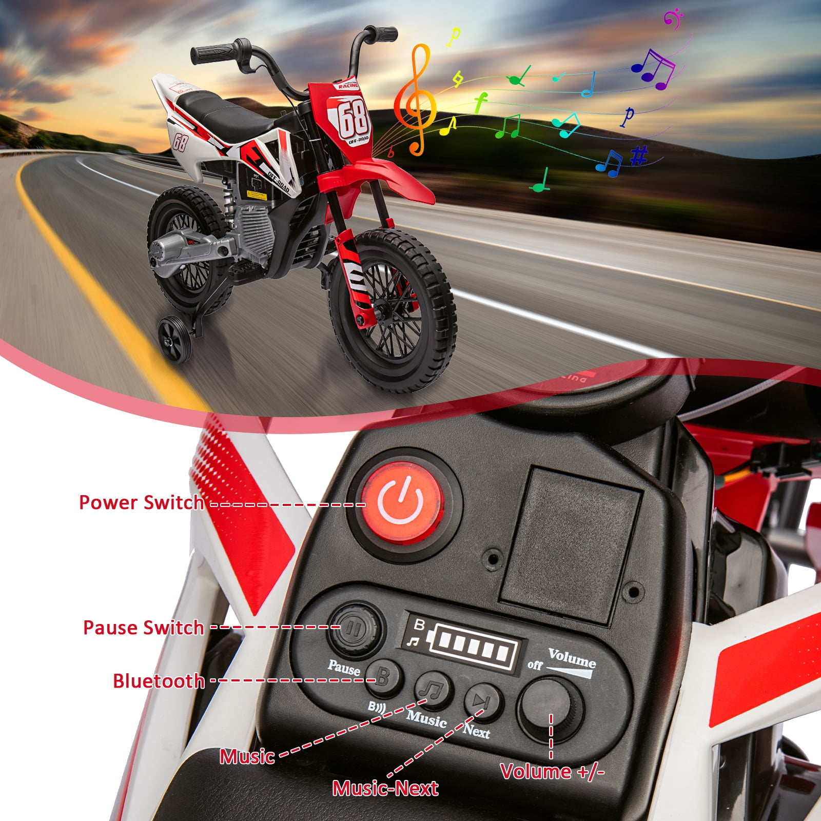 CazToi 12V Kids 3Mph Electric Motorcycle with Training Wheels & Bluetooth Music  for Ages 3-8 Years Old
