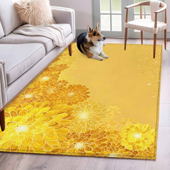 Area Rugs 2.7'x5', Yellow Golden Floral Carpet for Living Room Bedroom Dining Room, Spring Summer Shiny Flowers Throw Kitchen Rugs Non Slip Washable Rectangle Indoor Outdoor Rugs