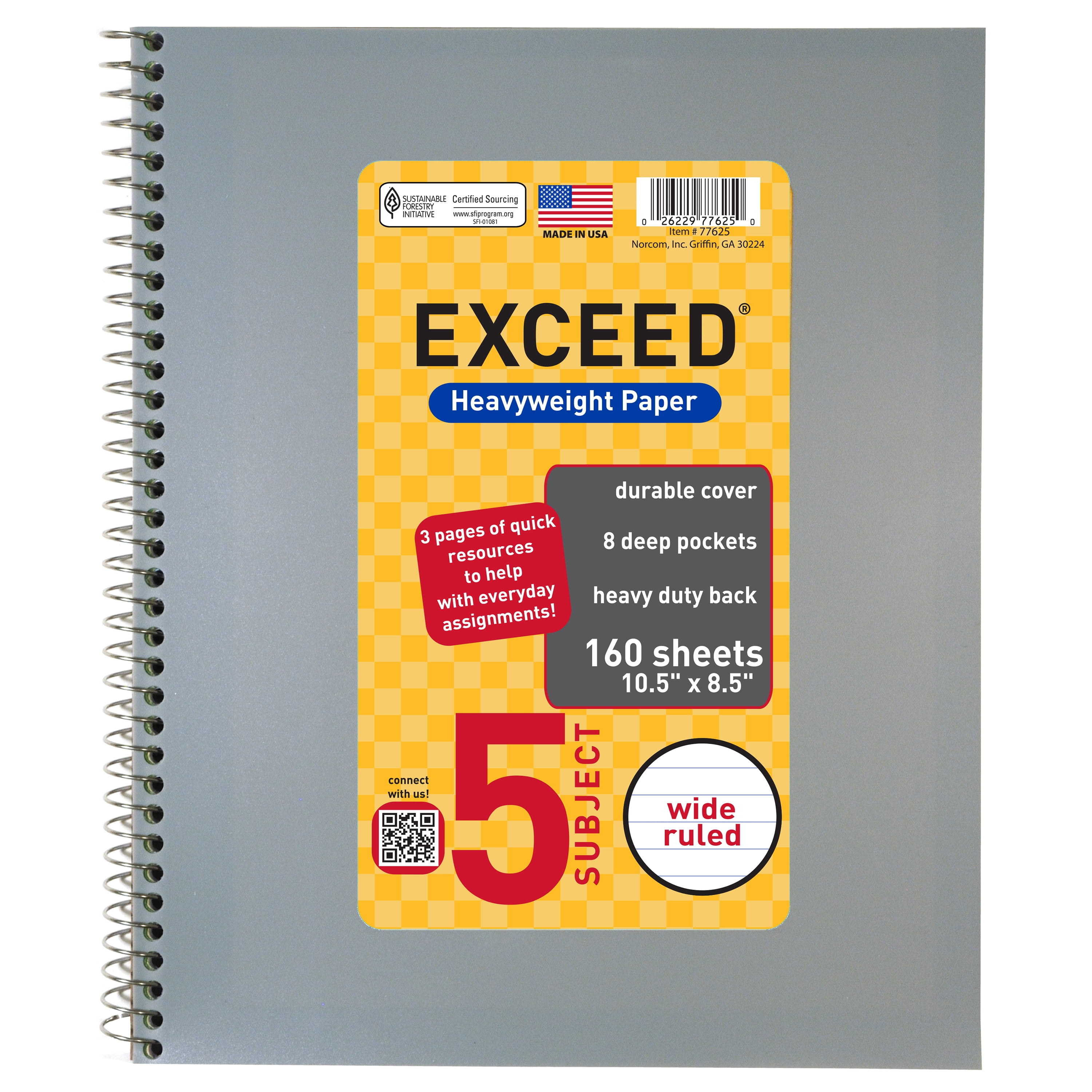 Exceed Spiral Notebook, Wide Ruled, 5 Subject, 160 Pages, 8.5" x 10.5", Color Choice Will Vary, 77625