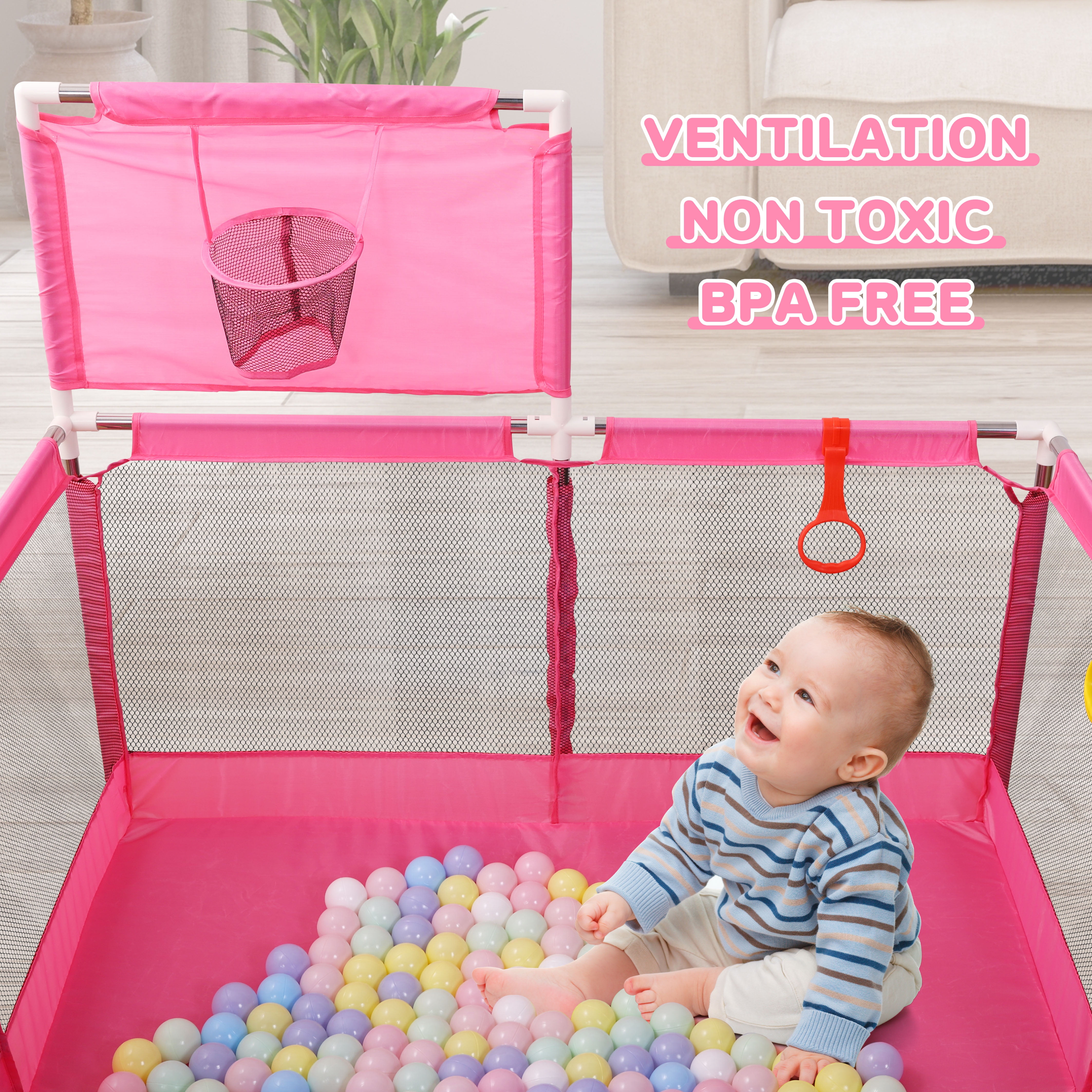 JoyStone 50 x 50 Baby Playpen with 30 Ocean Balls, Soft Mesh Sides, Basketball Hoop & Pull Rings, Indoor Baby Fence for Toddlers, Pink