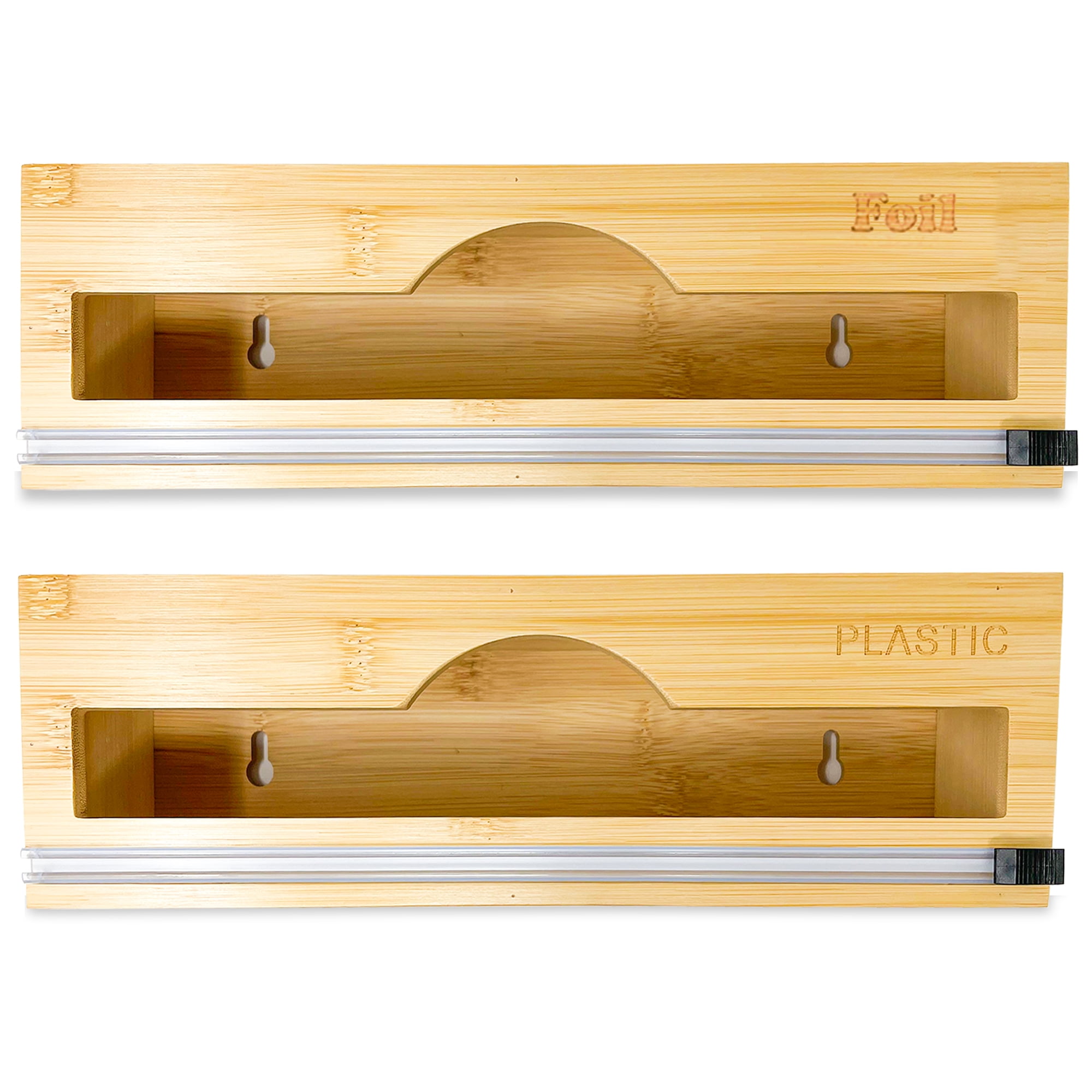 Bamboo Foil and Plastic Wrap Organizer, Dispenser with Cutter for