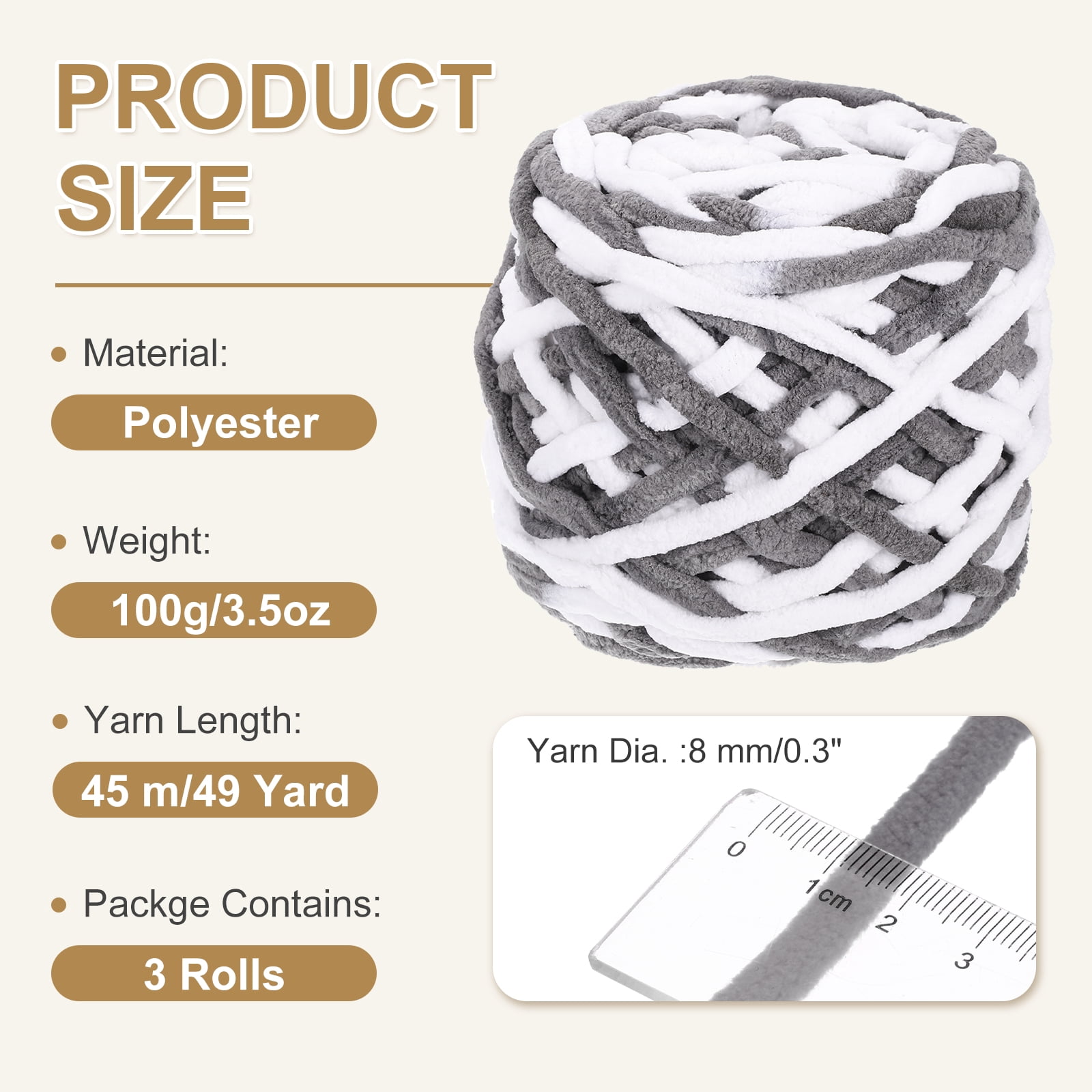Uxcell 3 Pcs Blanket Yarn, 49 Yards Fluffy Velvet Plush Bulky Thick Chenille Chunky Yarn for Soft Velvet Blanket Shawl Scarf Crochet Hand Knitted Crafts, White-Grey