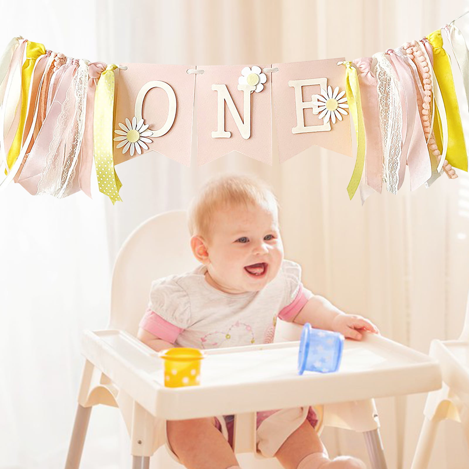 Siyoriot Baby 1st Birthday Decorations Girl Monthly Photo Banner First  Birthday Decor with 1st Birthday High Chair Banner and One Birthday Cake
