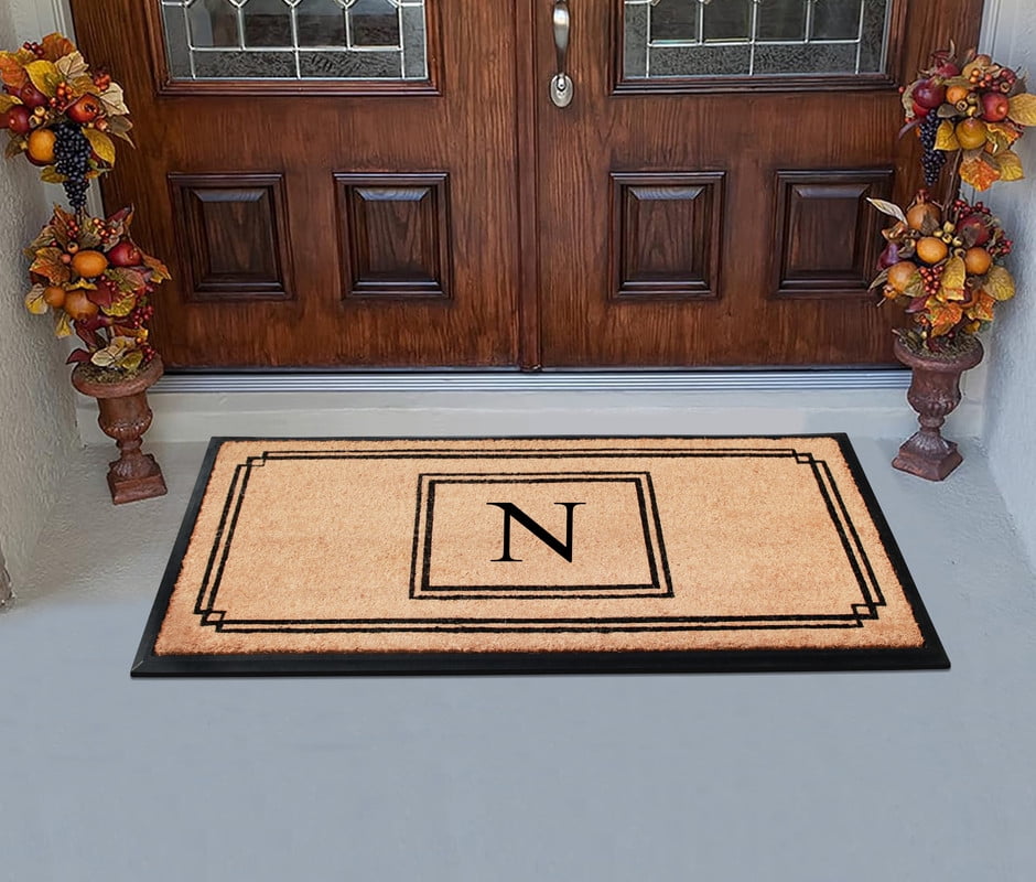 A1 Home Collections Rubber & Coir Mat, Heavy Duty, Extra Large, Front Door Mat 24"X48", Black/Beige Doormat Monogrammed N