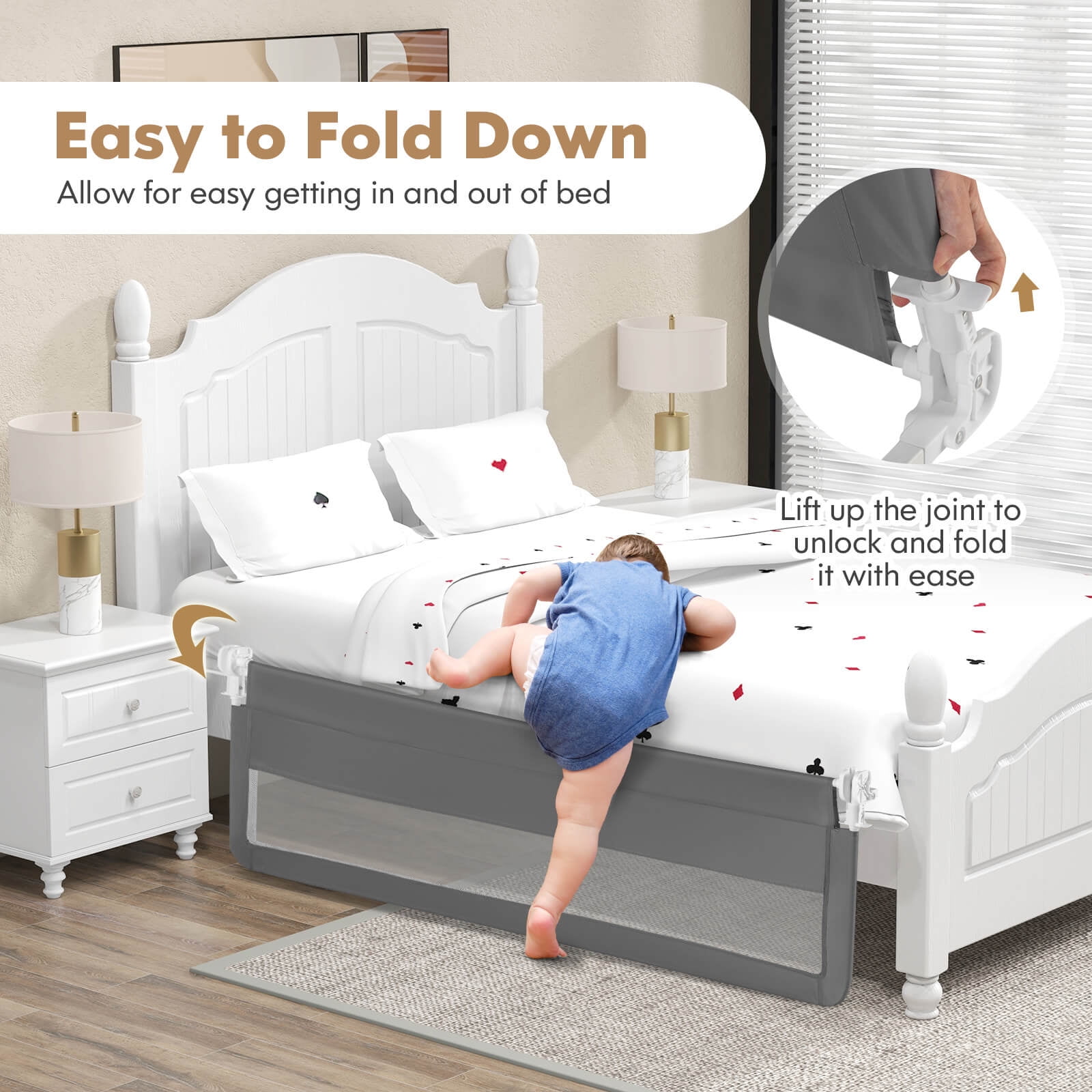 Infans 71" Foldable Baby Bed Rail Guard Toddlers Swing Down Safety Bedrail Grey