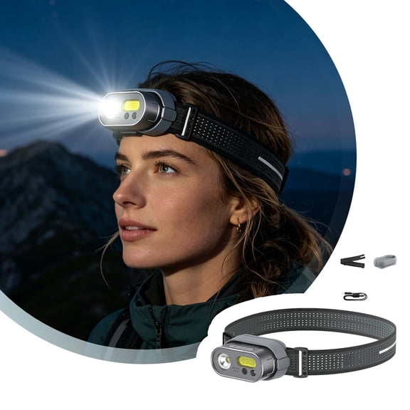 Grey Multi-Functional USB-C Rechargeable LED Headlamp, Lightweight Waterproof Headlight with Adjustable Strap for Camping, Hiking & Night Activities