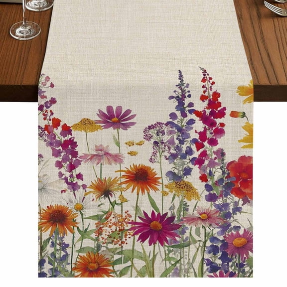 Table Runners 120 Inches Long Dress Scarves, Spring Floral Farmhouse Coffee/Dining/Kitchen Table Runner for Living Room, Watercolor Lavender Daisy Flowers Plants Beige 13x120 Inch