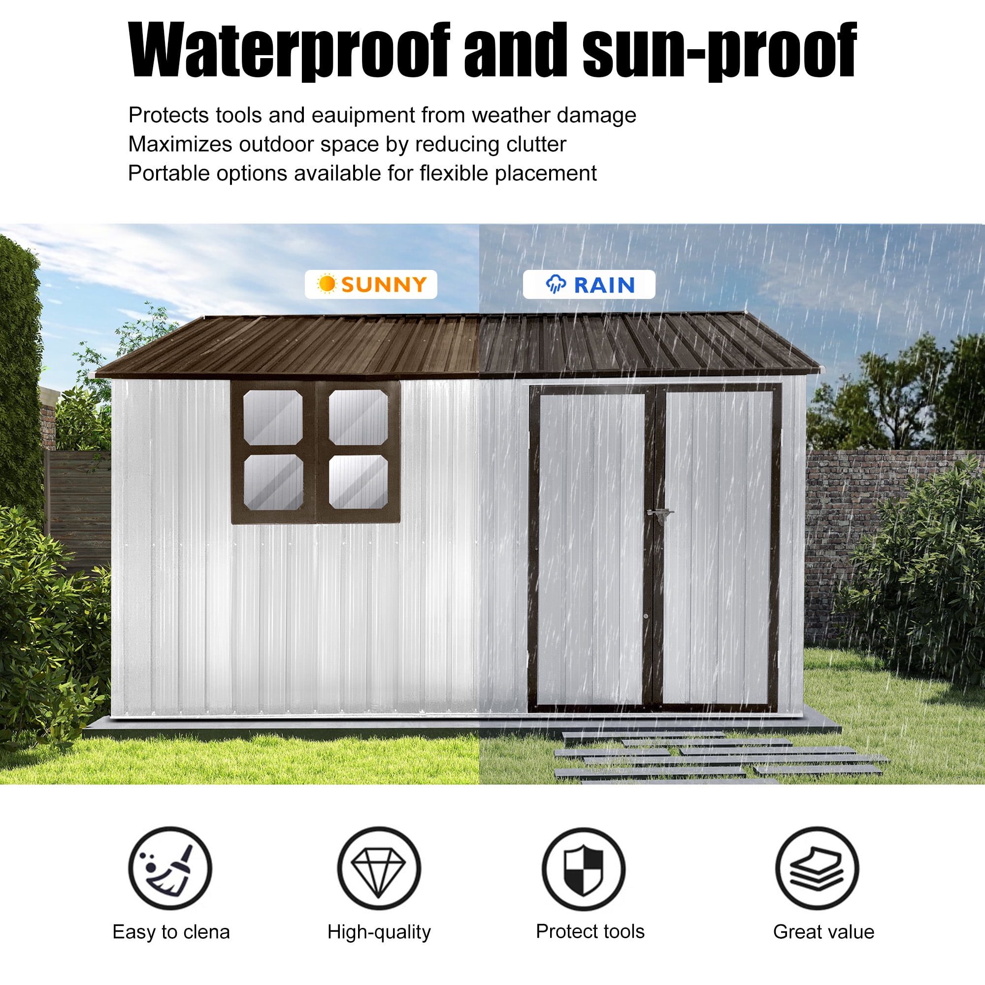 Aukfa 10FT x 8FT Outdoor Storage Shed, Metal Shed Storage with Window, Roof Slope Tool Shed with Door and Padlock for Backyards, Patio Lawns and Outdoor, White