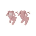 thumbnail image 2 of Elippeo 3-Piece Baby Girls Ribbed Set Letter Print Long Sleeve Round Neck Ruffled Romper Long Trousers Hair Band Adorable Outfits 3 6 9 12 Months, 2 of 9