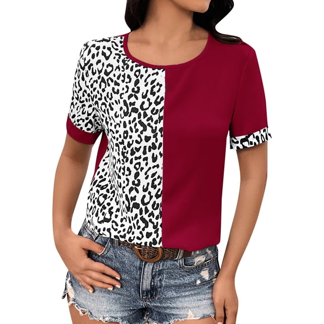 WEAIXIMIUNG Chemises à Manches Longues pour Femmes Travail T-Shirts à Manches Courtes Mode Col Rond Hauts Imprimé Léopard Blouses Décontractées