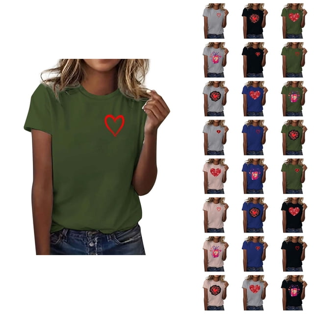 T-shirts de la Saint-Valentin pour Femmes 2026 Mode Manches Courtes Col Rond Cœur Graphique