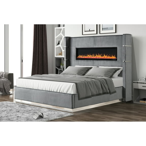 Bedroom Wooden Queen Bed With Ambient And Electric Fireplace In Gray Size Velvet Upholstery Headboard