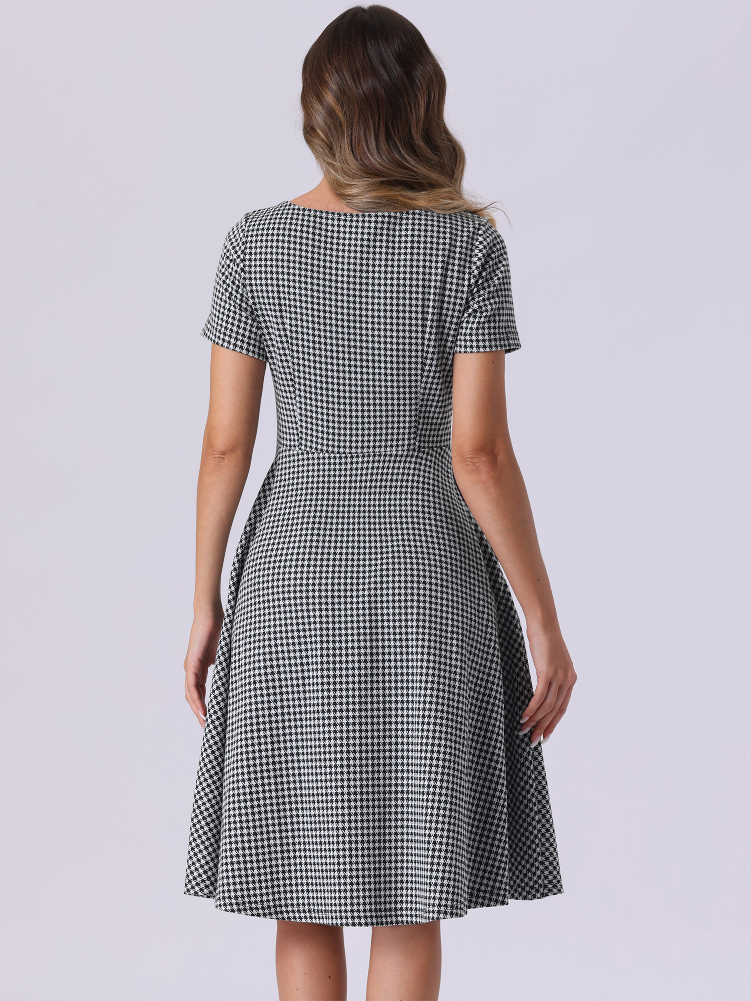 DARING DIVA Houndstooth Boat Neck Short Sleeve A-Line Dress XS Black