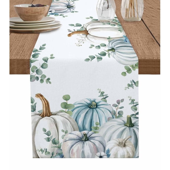 Green Grey Pumpkins Fall Table Runner 72 Inches, Thanksgiving Eucalyptus Leaves Bed Runner Dresser Scarves Tabletop for Indoor Outdoor Parties/Ceremony/Banquet, 14" x 72"
