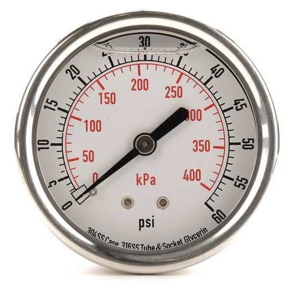 Pressure Gauge, 0 to 60 psi, 1/4 in MNPT, Stainless Steel, Silver(4CFR5)