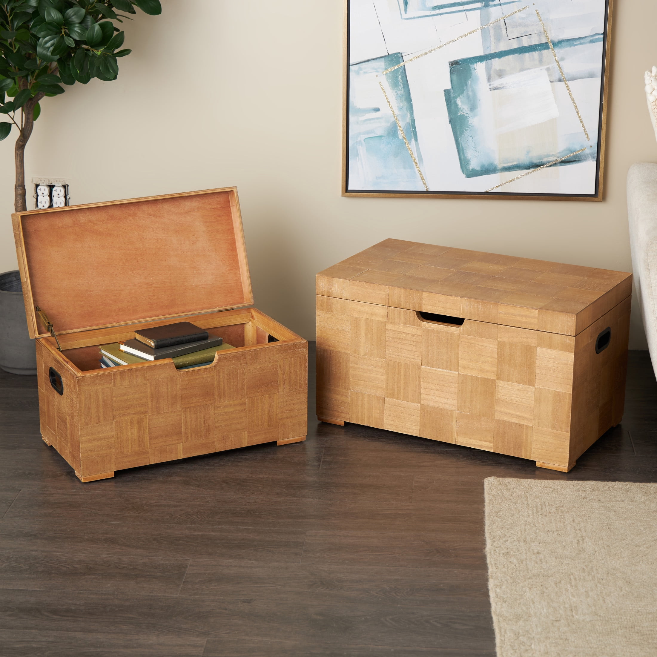 DecMode 28" x 16" Brown Wood Handmade Trunk with Black Metal Accents and Square Patterns, 2-Pieces