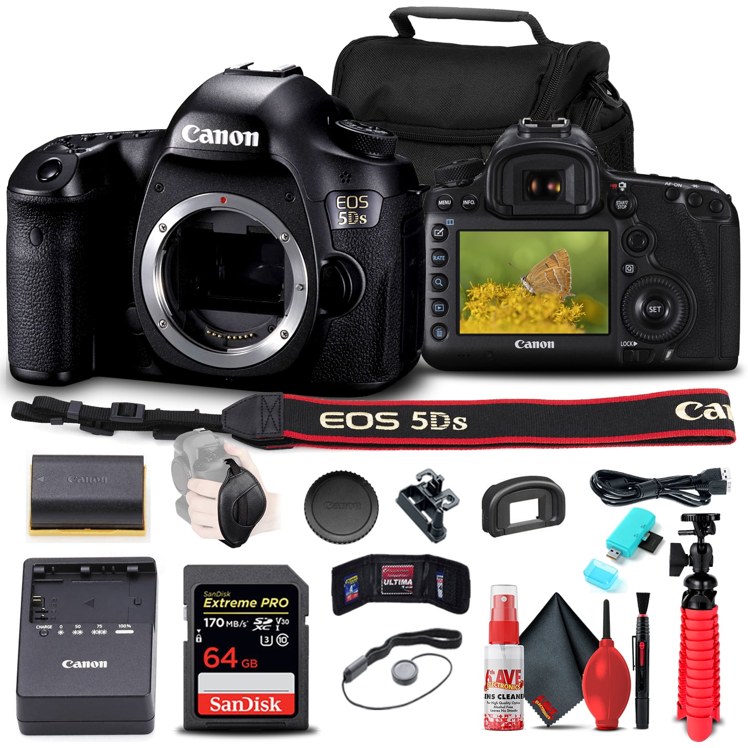 Canon EOS 5DS DSLR Camera (Body Only) (0581C002) + 64GB Memory Card + Card Reader + Case + Flex Tripod + Hand Strap + Cap Keeper + Memory Wallet + Cleaning Kit (International Version)