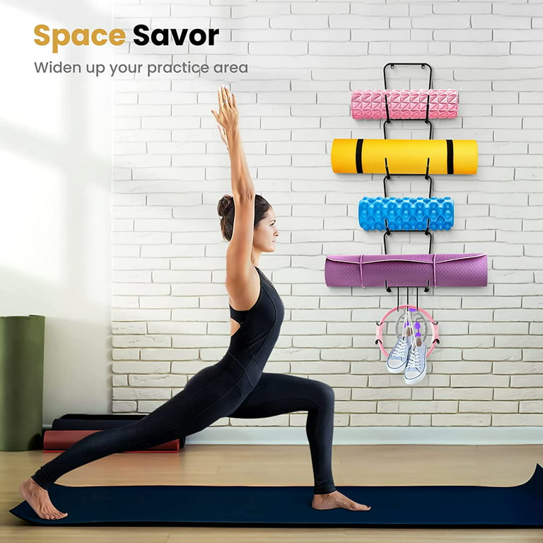 Yoga Mat Holder Wall Mount 4 Tier, Yoga Mat Storage Rack with 3