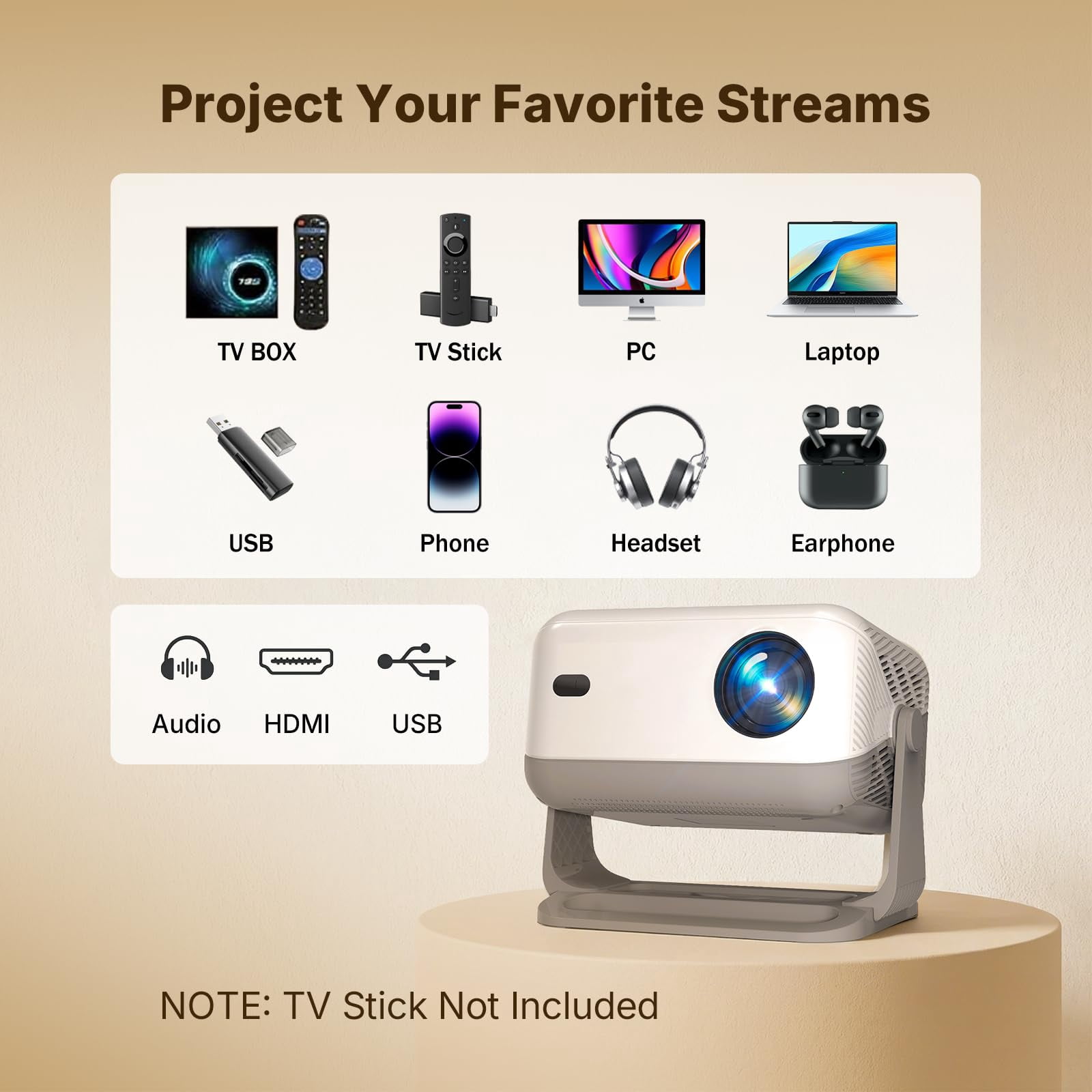 BDQ Mini Projector with WiFi and Bluetooth, 1080P Full HD Smart Projector, 300ANSI Auto Focus&Keystone, Portable Movie Projector Compatible with TV Stick Smartphone/HDMI/USB