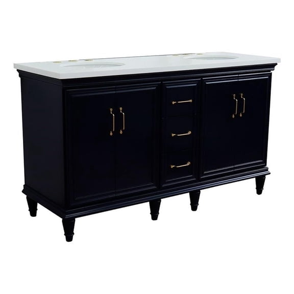 61 in. Double Wooden Vanity Blue White Quartz Oval Sink