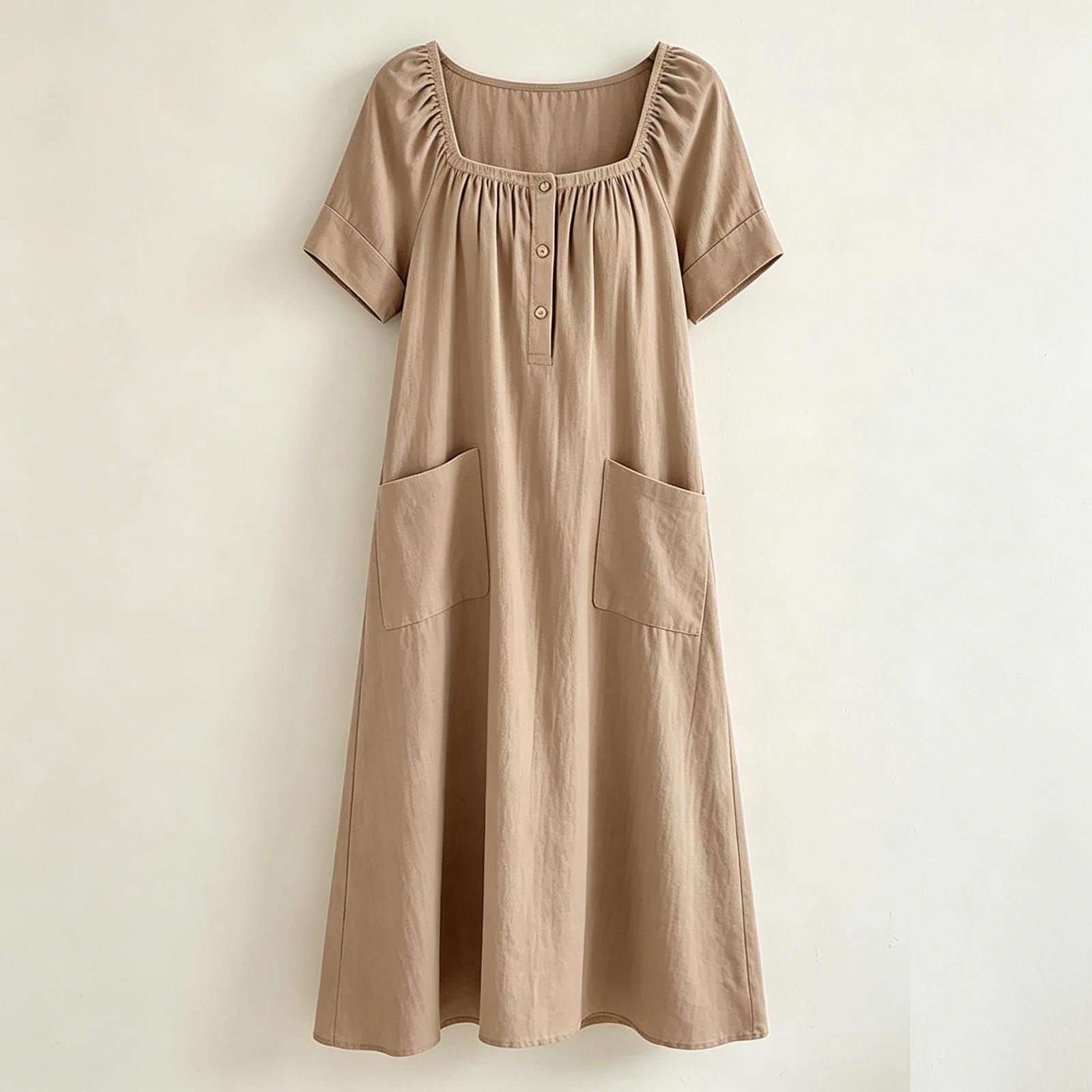 Sentmoon Boho Maxi Dress Sundresses for Women 2026 Summer Short Sleeve Square Neck Regular Fit Dress for Women with Pockets for All Seasons and Occasions S-3XL