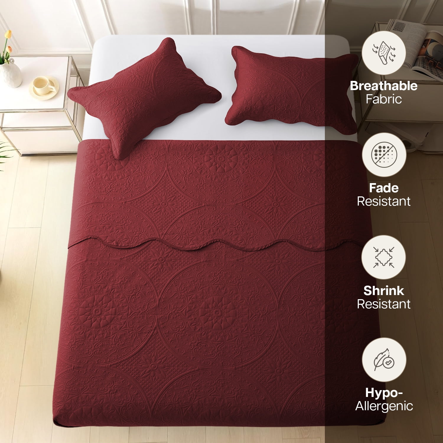 Moonlight20015 3 Piece Quilt Set Ultrasonic Lightweight Microfiber Floral Pattern Burgundy Queen