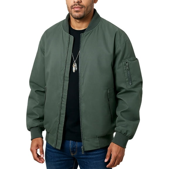CharmCyan Men Bomber Jacket Lightweight Casual Outerwear Zip Up Windproof Classic Fit with Ribbed Collar and Cuffs for Everyday Wear Army Green L