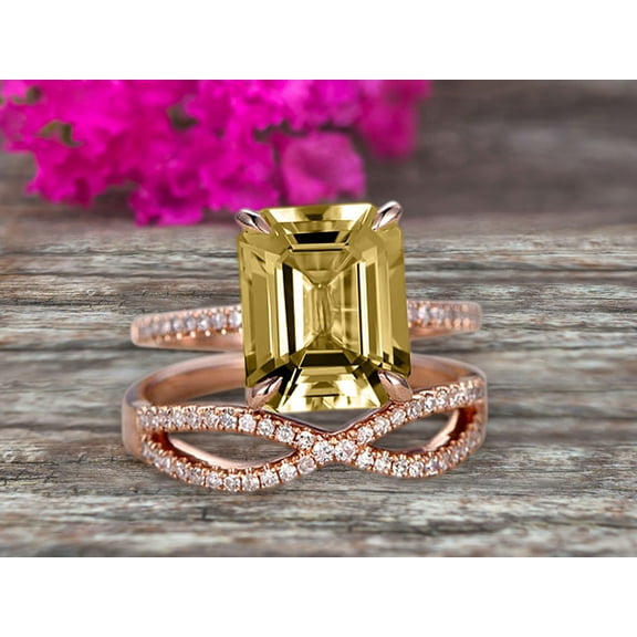 2.25 Carat 7x5mm Emerald Cut Champagne Diamond Moissanite Engagement Ring 10k Rose Gold Promise Ring for Bride or Anniversary Gift Startling Jewelry Twisted Across Matching Band