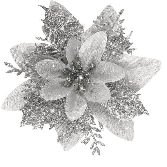 Christmas Glitter Poinsettia Artificial Flowers,12 Pack Christmas Tree Ornaments for Wreaths Garland Holiday Party, Xmas Decoration (Silver)