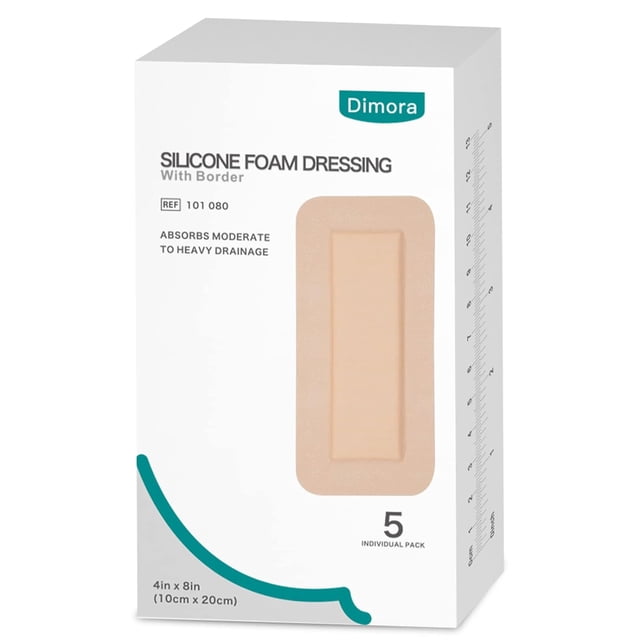 Dimora Apósito de espuma de silicona con adhesivo de borde 4 "x 4" Vendaje impermeable para heridas para el cuidado de heridas, paquete de 10...