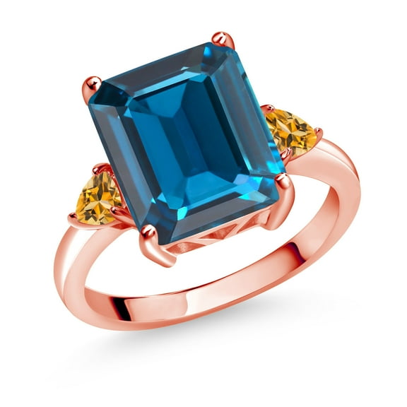 Gem Stone King 7.78 Ct London Blue Topaz Yellow Citrine 18K Rose Gold Plated Silver 3-Stone Women Engagement Ring (Size 7)