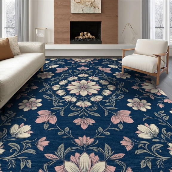 ODIKA 8'x10' Washable Area Rug Non-Slip Chair-Friendly Mat Scatter Covering Vintage Petal Cluster Symmetrical Boho Pink for Dining Room, Large Office, Lounge