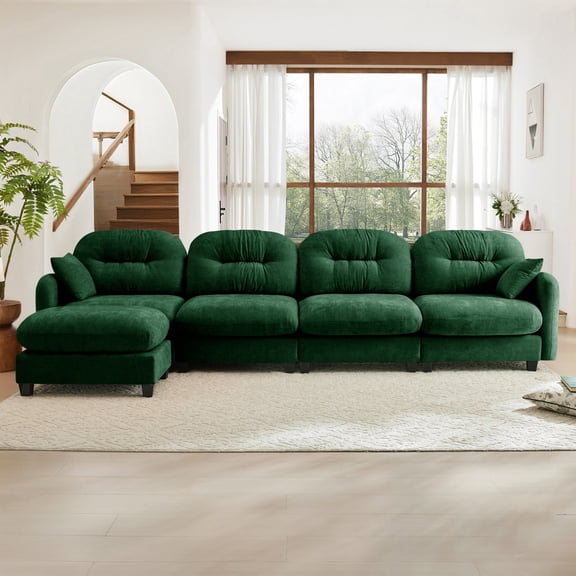 HUTWIFE 140" L-Shape Solid Print Chenille Modular and Deep Seat Sectional Sofas with Movable Ottoman, Green