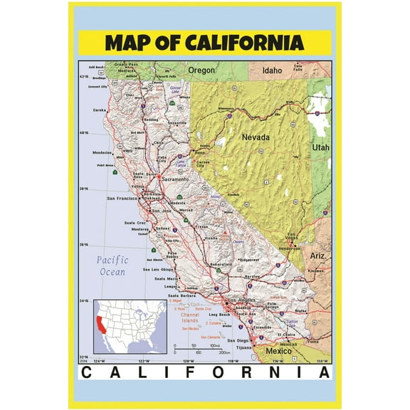 Map of California Style C - Laminated Wall Map Poster Print Perfect for Classrooms and Homes - Vivid Imagery with Bright Colors - 18x24