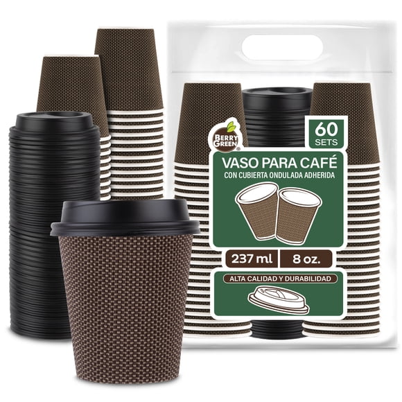 Berry Green Vasos Corrugados para Café con Tapa de 8 oz (237 ml), Paquete de 60 Vasos y 60 Tapas, Resistentes, Perfectaos Para Cafe, Te y Todo Tipo de Bebidas Calientes, Sin Derrames, Biodegradables