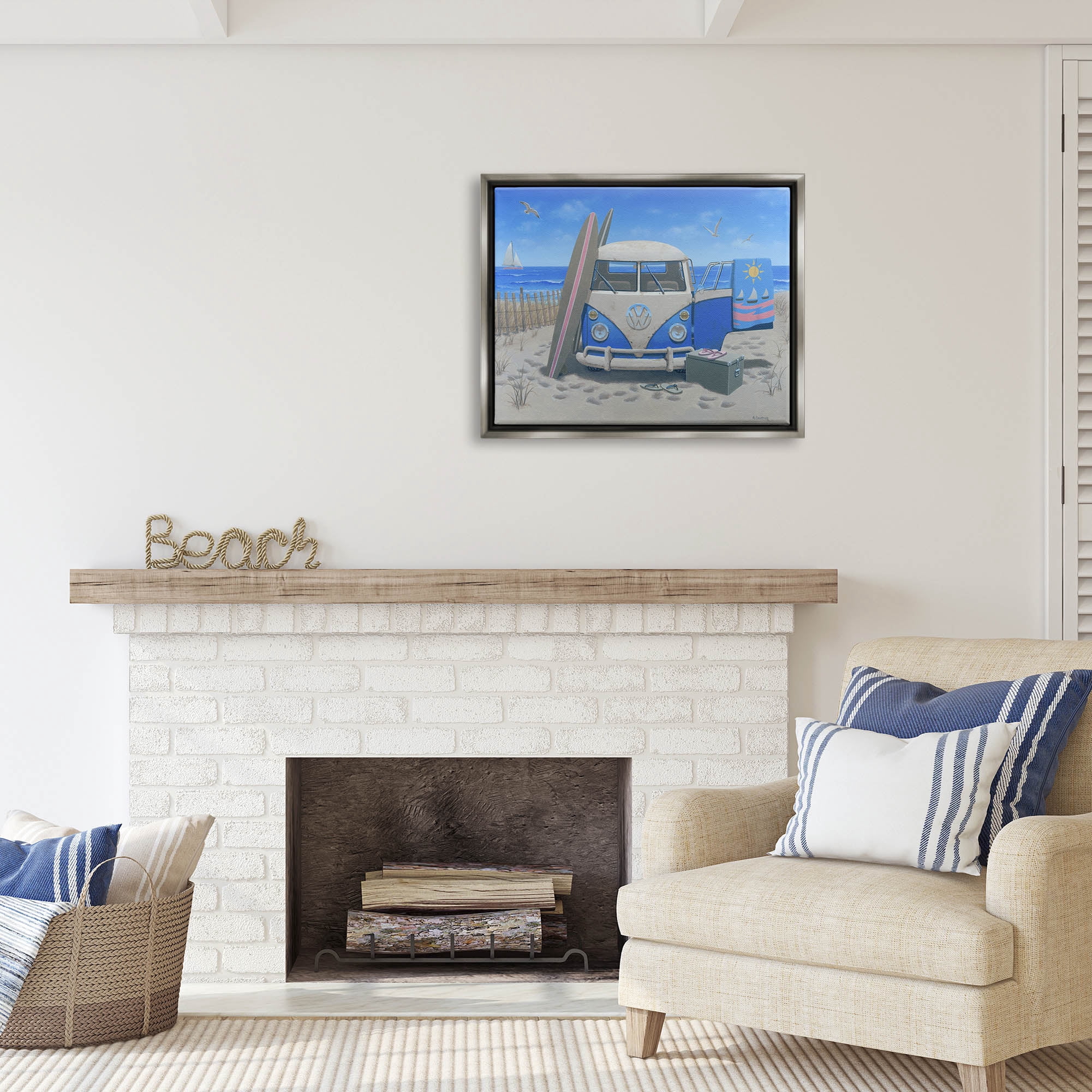 Stupell Industries Tropical Summer Beach Van Coastal Painting Gray Floater Framed Art Print Wall Art