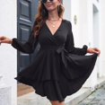 thumbnail image 4 of Vestido de mujer con escote en V profundo, manga larga, lazo en la cintura, volantes, minivestido estilo patinador - Negro M blac, 4 of 5