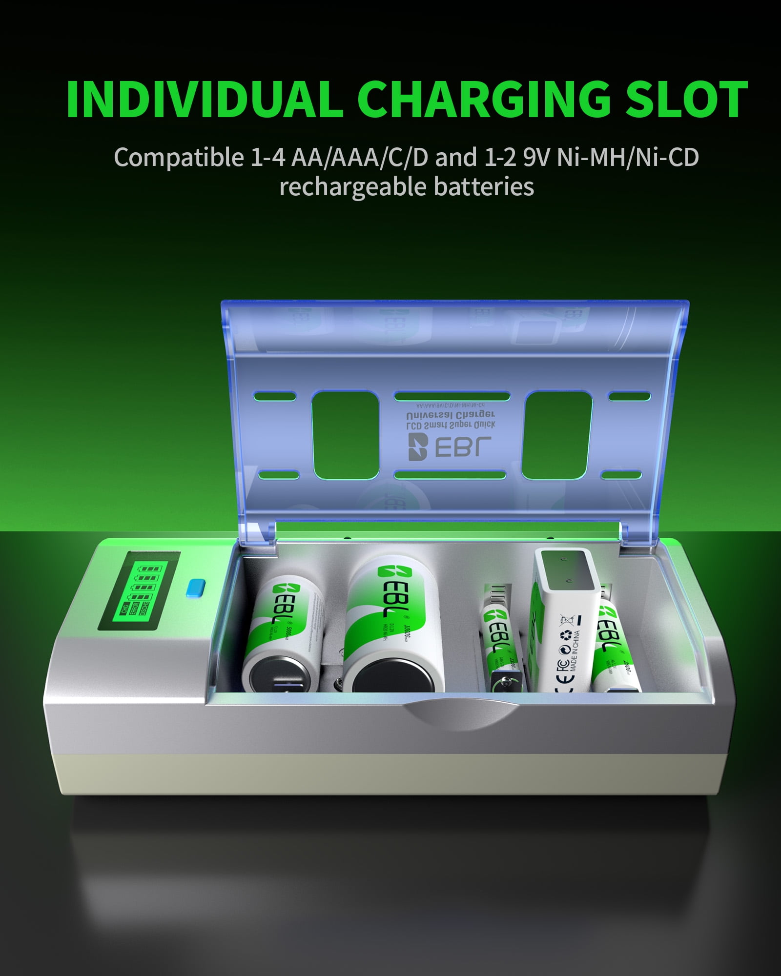 EBL Rechargeable D Batteries (6-Pack) with Battery Charger for 9V AA AAA C D Cell Batteries