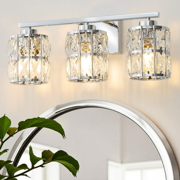 Deyidn 3-Light Chrome Bathroom Vanity Light, 18.9" Dimmable Modern Wall Mirror Light Fixture with Cylinder Crystal Shades for Bathroom, Powder Room