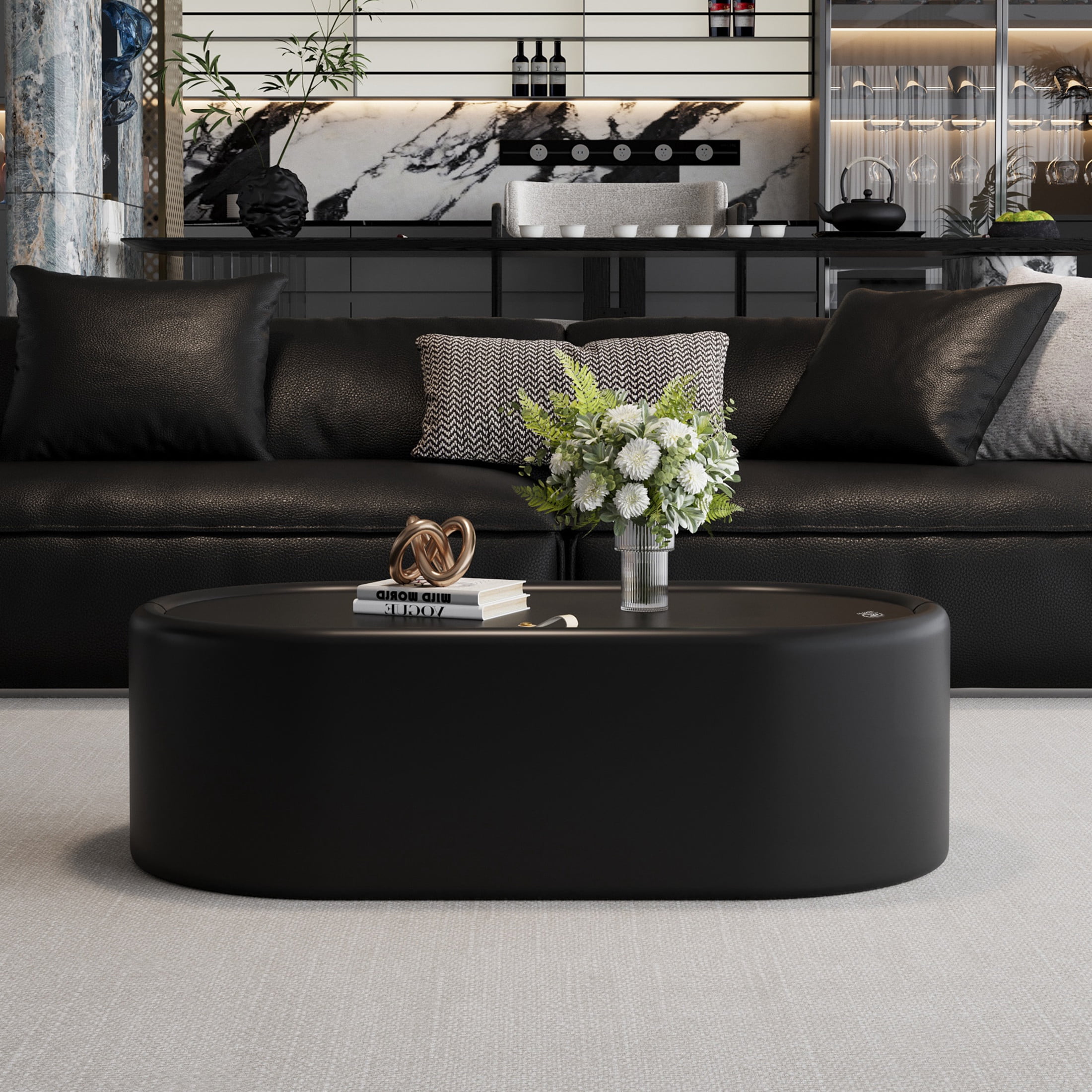 Noble House Morade 33.5" Fluted Curved Rectangle Storage Coffee Table with Glass Top & Leather Wrapped for Living Room, Black