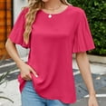 thumbnail image 6 of Ruffle Sleeve Tops for Women Short Sleeve Round Neck Casual Shirts Solid Pullovers Elegant Summer Comfy Tops Hot Pink,S, 6 of 7