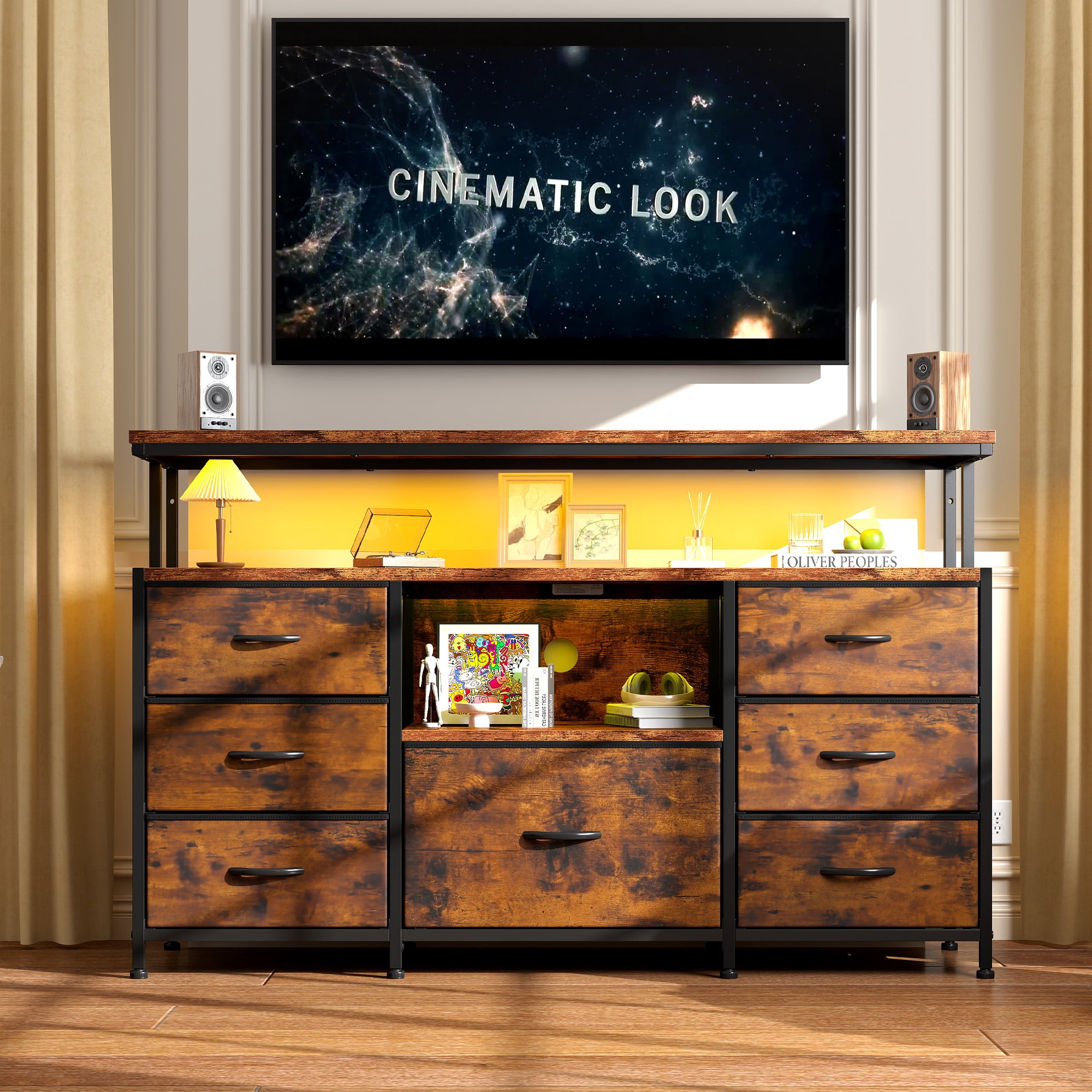 Dresser TV Stand for Bedroom with LED Lights & Power Outlets for 55" TV Wide Dresser for Bedroom with 7 Drawers & Open Shelves for Living Room, Sturdy Frame, Rustic Brown
